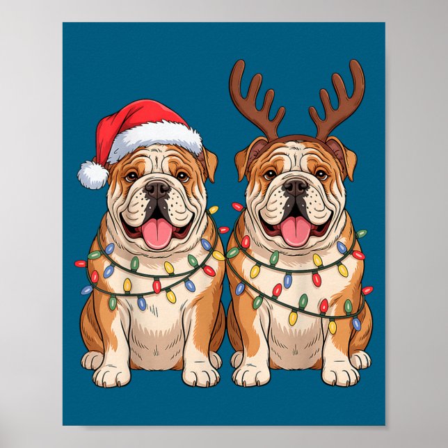 English Bulldog Christmas Santa Hat Reindeer Light Poster (Vorne)