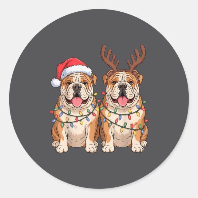 English Bulldog Christmas Santa Hat Reindeer Light Runder Aufkleber (Vorderseite)