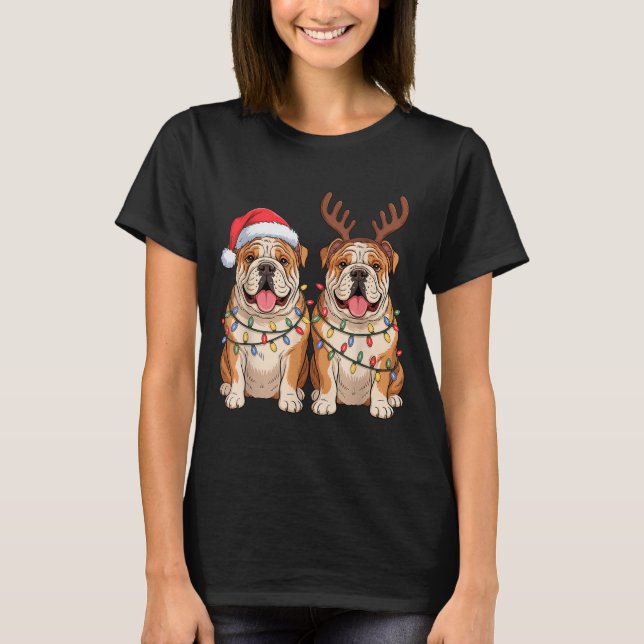 English Bulldog Christmas Santa Hat Reindeer Light T-Shirt (Vorderseite)