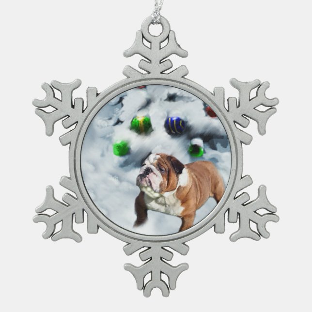 English Bulldog Christmas Schneeflocken Zinn-Ornament (Vorderseite)