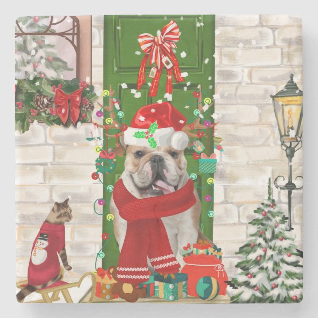 English Bulldog Christmas Steinuntersetzer (Vorderseite)