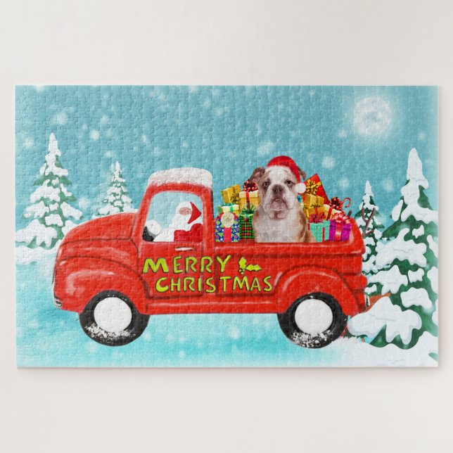 English Bulldog Christmas Weihnachtsmann Truck Puzzle (Horizontal)