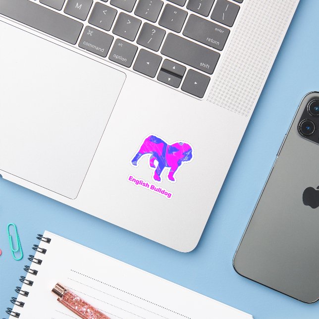 English Bulldog Crazy Hot Pink & Blue Cut Stickers Aufkleber (Laptop mit iPhone)