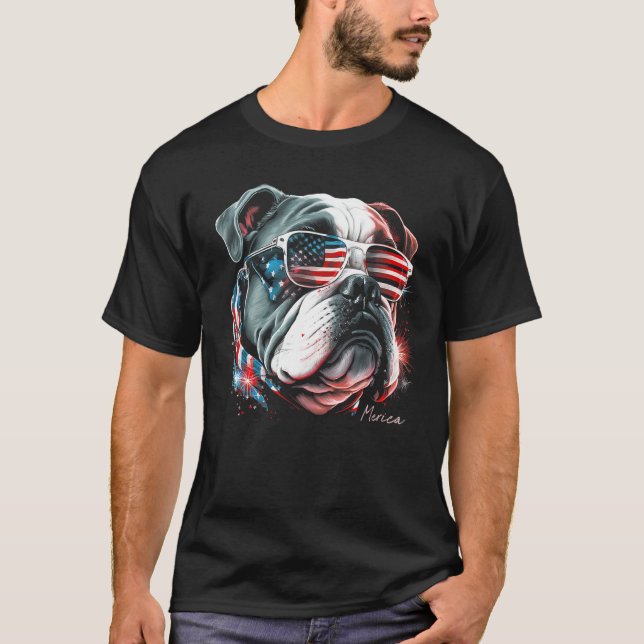 English Bulldog Dog 4th of July American Flag USA  T-Shirt (Vorderseite)