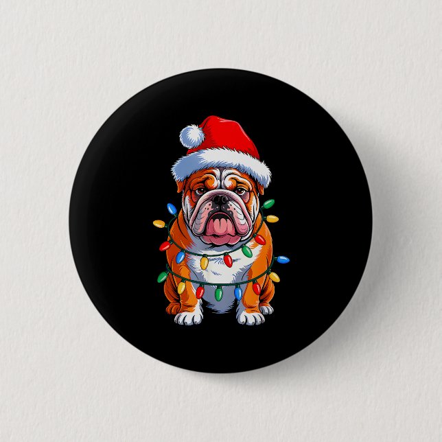 English Bulldog Dog Christmas Lights Santa Hat Xma Button (Vorderseite)