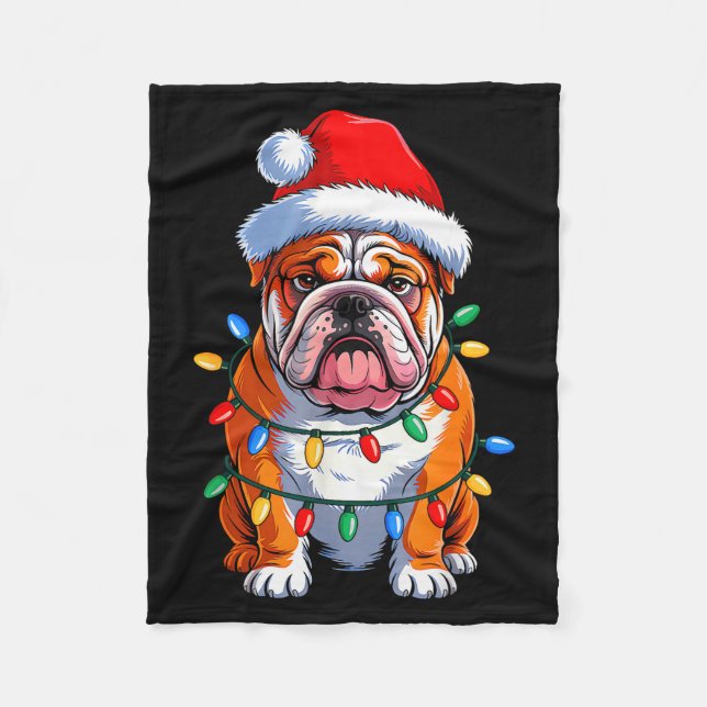 English Bulldog Dog Christmas Lights Santa Hat Xma Fleecedecke (Vorderseite)