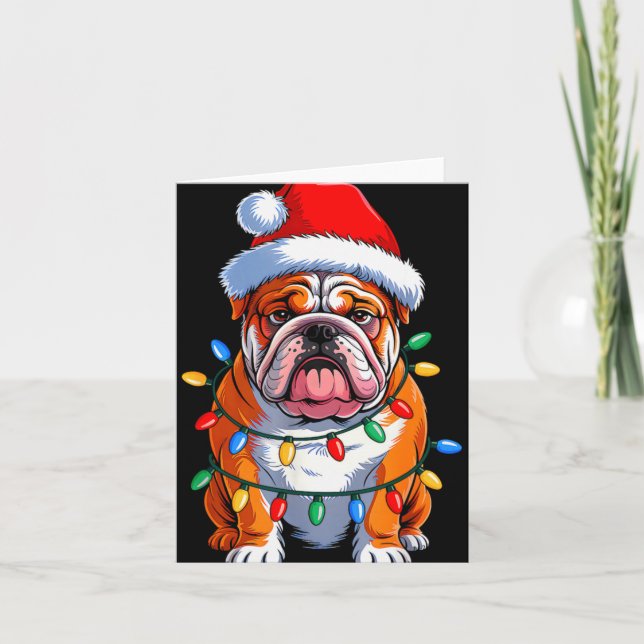 English Bulldog Dog Christmas Lights Santa Hat Xma Karte (Vorderseite)