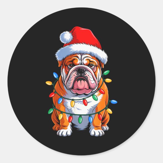English Bulldog Dog Christmas Lights Santa Hat Xma Runder Aufkleber (Vorderseite)