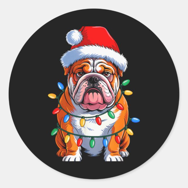English Bulldog Dog Christmas Lights Santa Hat Xma Runder Aufkleber (Vorderseite)
