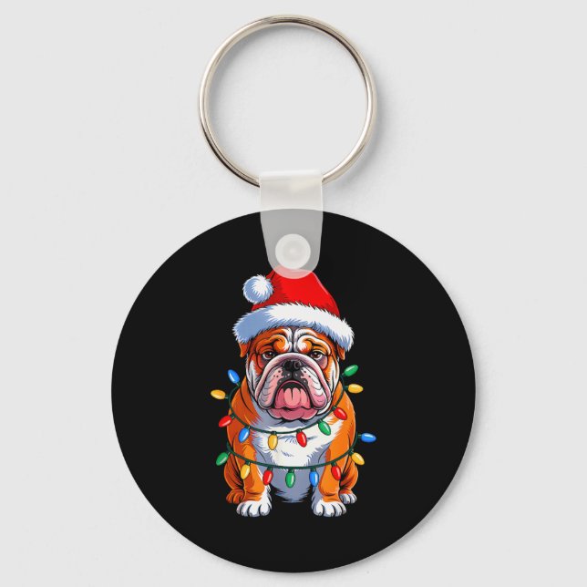 English Bulldog Dog Christmas Lights Santa Hat Xma Schlüsselanhänger (Vorderseite)