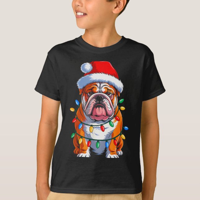 English Bulldog Dog Christmas Lights Santa Hat Xma T-Shirt (Vorderseite)