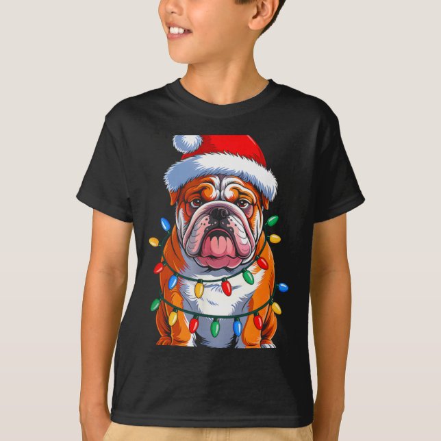 English Bulldog Dog Christmas Lights Santa Hat Xma T-Shirt (Vorderseite)