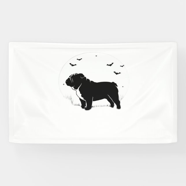 English Bulldog Dog - Halloween Moon Silhouette Ov Banner (Horizontal)