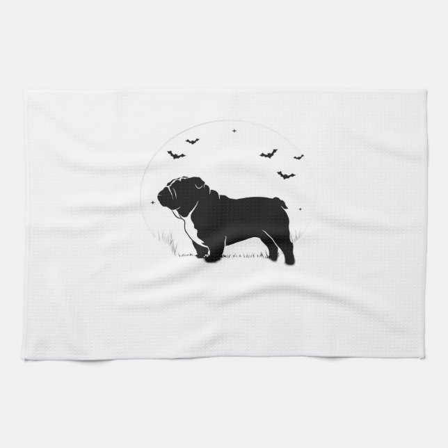 English Bulldog Dog � Halloween Moon Silhouette Ov Geschirrtuch (Horizontal)