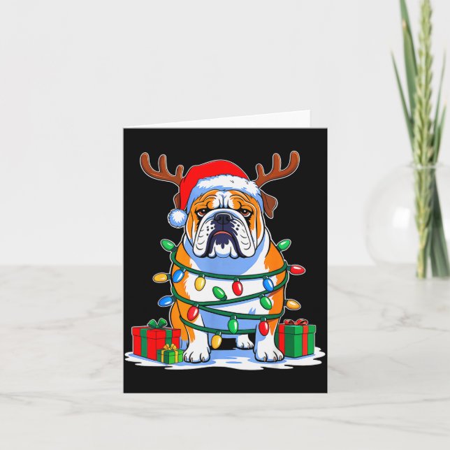 English Bulldog Dog Tree Christmas Lights Funny Xm Karte (Vorderseite)