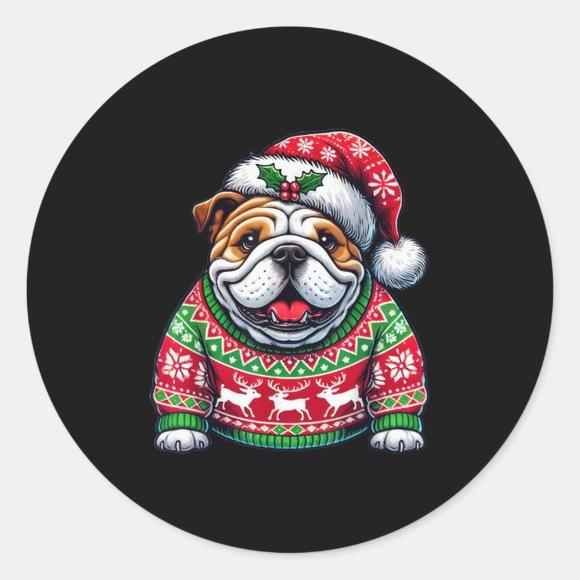 English Bulldog Dog Ugly Sweater Santa Hat Christm Runder Aufkleber (Vorderseite)