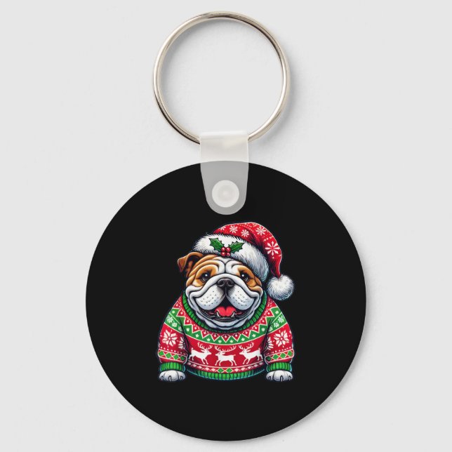 English Bulldog Dog Ugly Sweater Santa Hat Christm Schlüsselanhänger (Vorderseite)