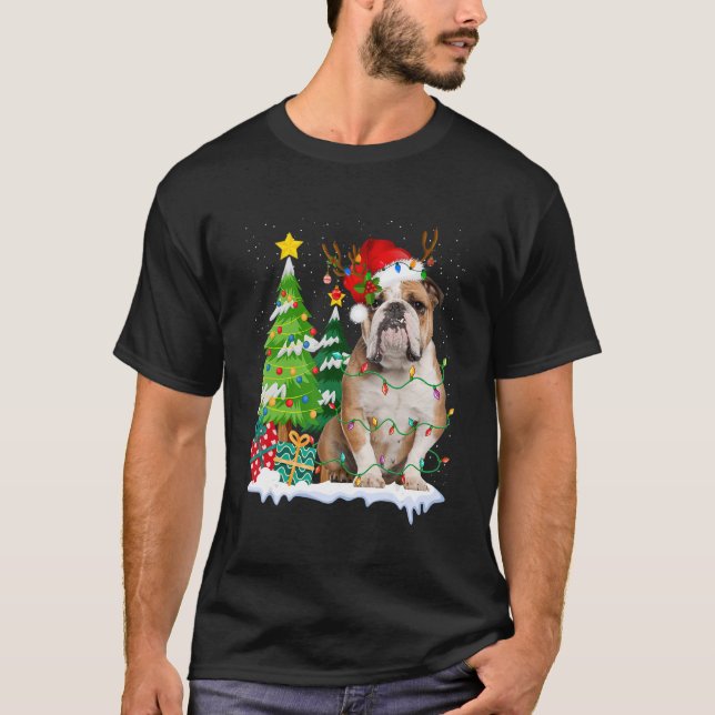 English Bulldog Dog Weihnachtsmannmütze Reindeer C T-Shirt (Vorderseite)