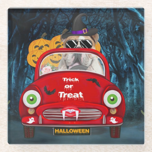 English Bulldog Driving Car Beängstigend Halloween Glasuntersetzer (Vorderseite)