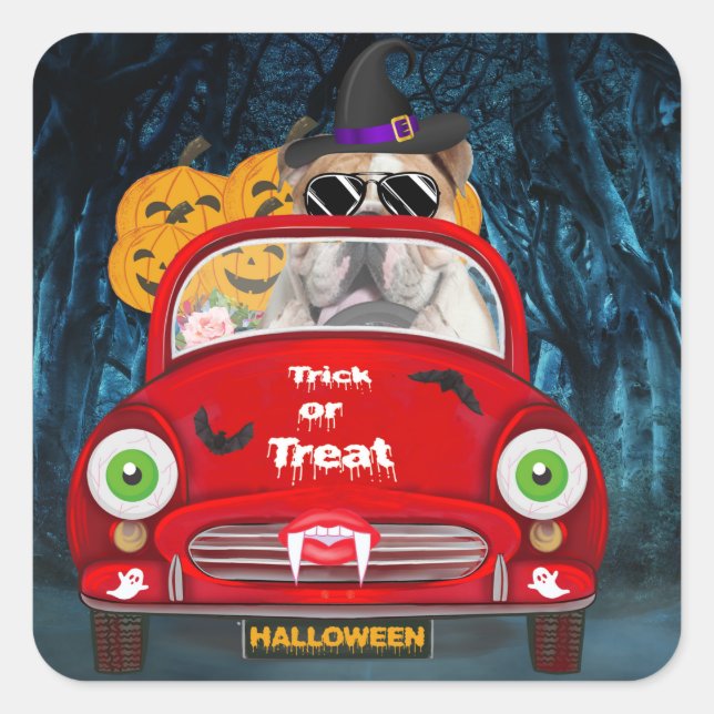English Bulldog Driving Car Beängstigend Halloween Quadratischer Aufkleber (Vorderseite)