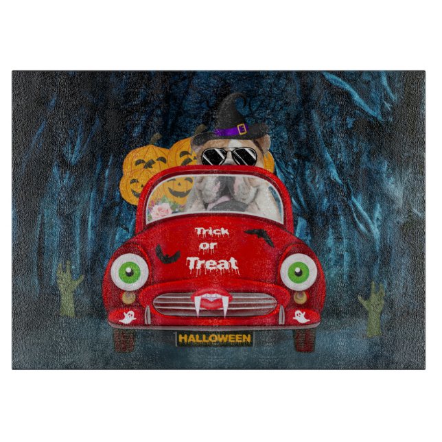 English Bulldog Driving Car Beängstigend Halloween Schneidebrett (Vorderseite)