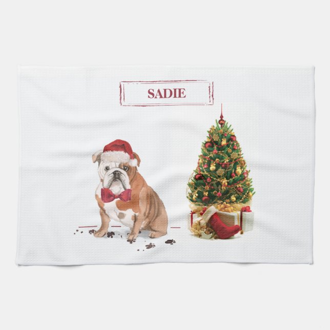 English Bulldog Funny Christmas Dog mit Baum Geschirrtuch (Horizontal)