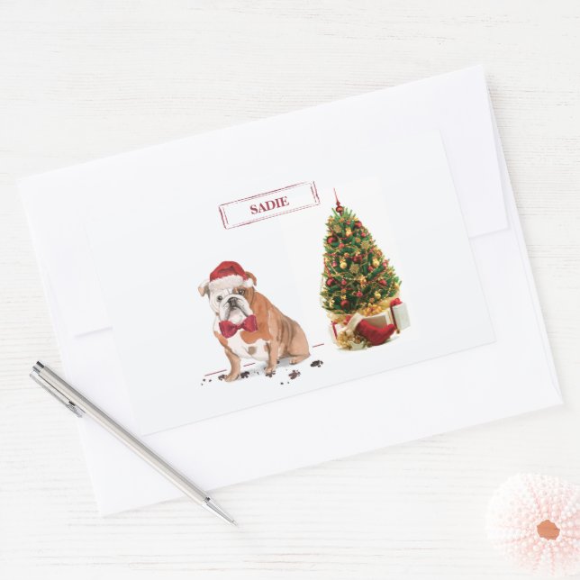 English Bulldog Funny Christmas Dog mit Baum Rechteckiger Aufkleber (Umschlag)