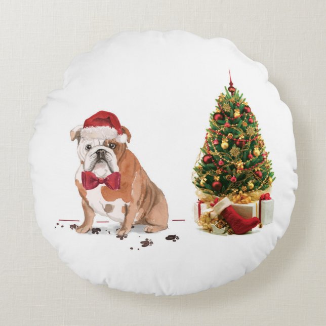 English Bulldog Funny Christmas Dog mit Baum Rundes Kissen (Vorderseite)