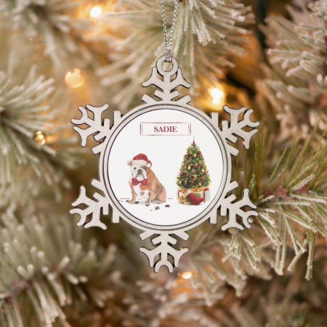 English Bulldog Funny Christmas Dog mit Baum Schneeflocken Zinn-Ornament (Baum)