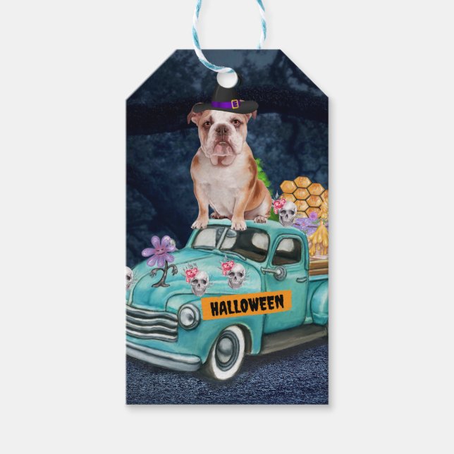 English Bulldog Halloween Truck Beängstigende Nach Geschenkanhänger (Vorderseite)