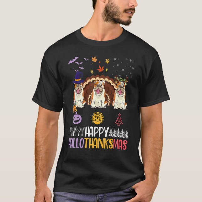 English Bulldog Happy Halloween Erntedank Merry T-Shirt (Vorderseite)