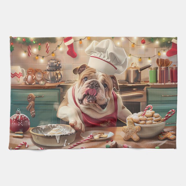 English Bulldog Holiday Baking: Festliche Weihnach Geschirrtuch (Horizontal)