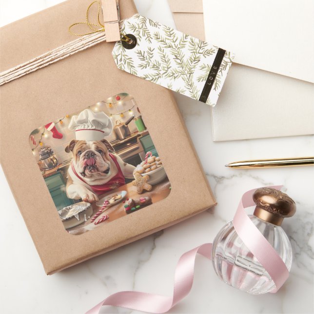 English Bulldog Holiday Baking: Festliche Weihnach Quadratischer Aufkleber (Schenken)