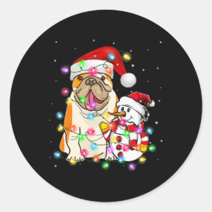 English Bulldog Hund Snowman Weihnachtsmannmütze L Runder Aufkleber