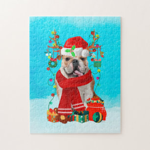 English Bulldog im Schnee mit Weihnachtsgeschenken Puzzle