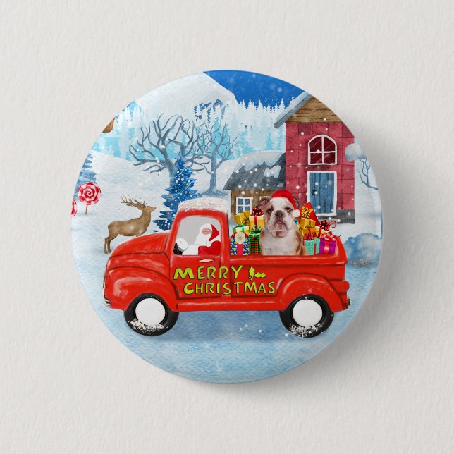 English Bulldog in Christmas Delivery Truck Schnee Button (Vorderseite)