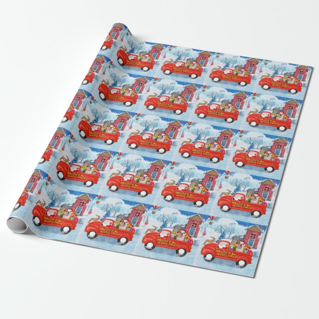 English Bulldog in Christmas Delivery Truck Schnee Geschenkpapier (Ungerollt)