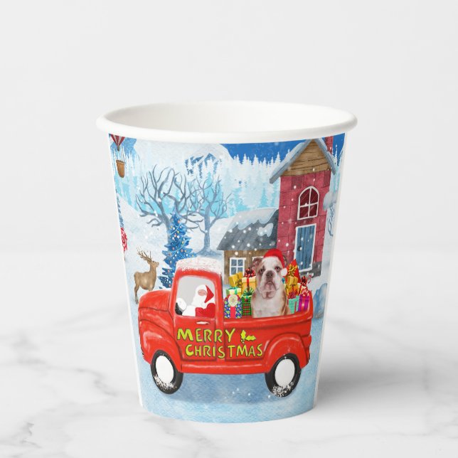 English Bulldog in Christmas Delivery Truck Schnee Pappbecher (Vorderseite)