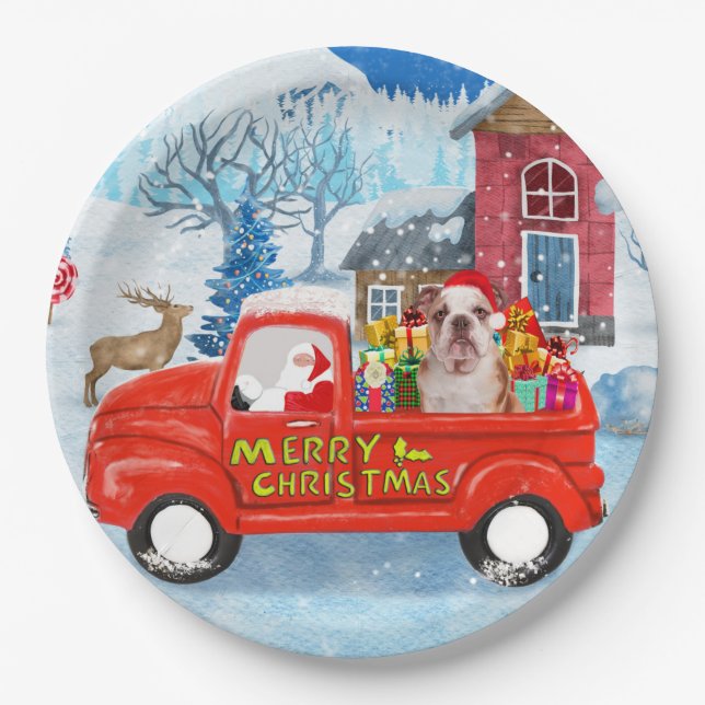English Bulldog in Christmas Delivery Truck Schnee Pappteller (Vorderseite)