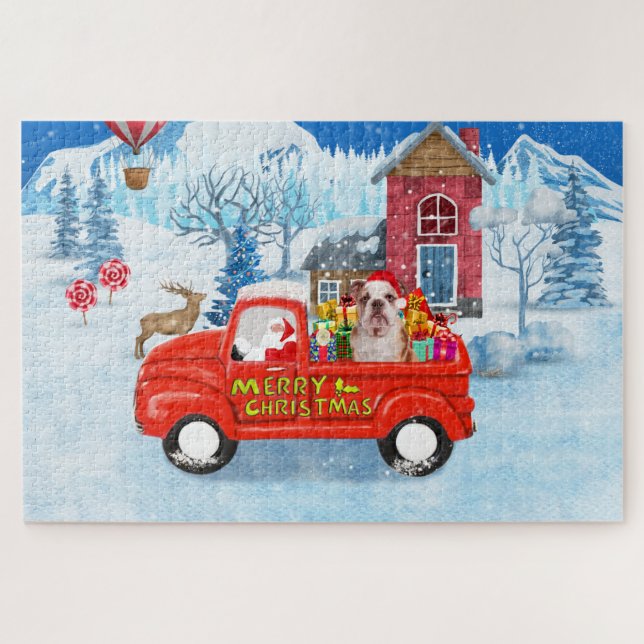 English Bulldog in Christmas Delivery Truck Schnee Puzzle (Horizontal)