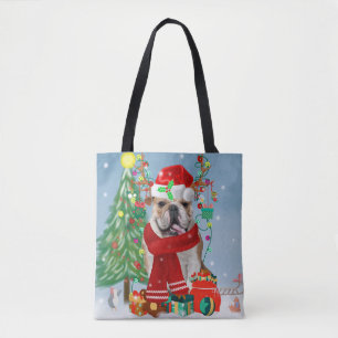 English Bulldog in Snow mit Weihnachtsgeschenken