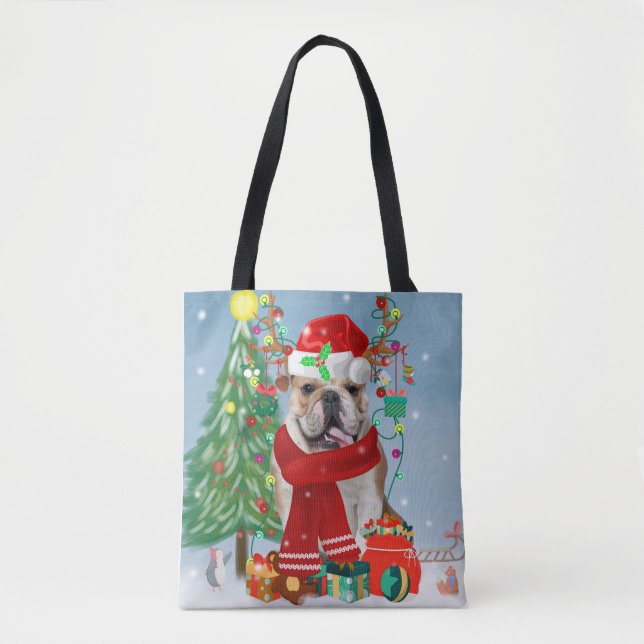 English Bulldog in Snow mit Weihnachtsgeschenken (Vorderseite)