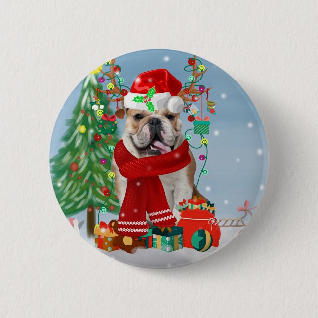English Bulldog in Snow mit Weihnachtsgeschenken Button (Vorderseite)
