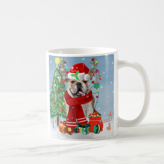 English Bulldog in Snow mit Weihnachtsgeschenken Kaffeetasse (Rechts)