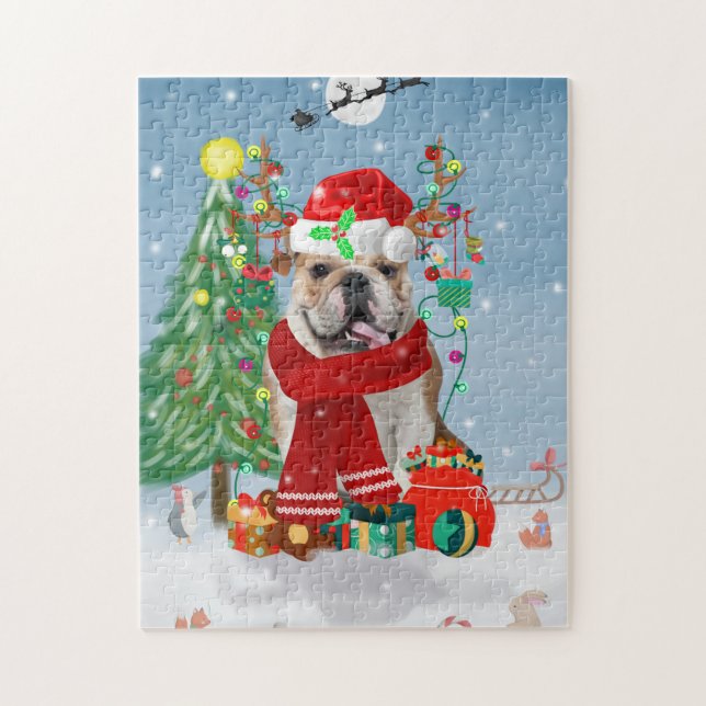 English Bulldog in Snow mit Weihnachtsgeschenken Puzzle (Vertikal)