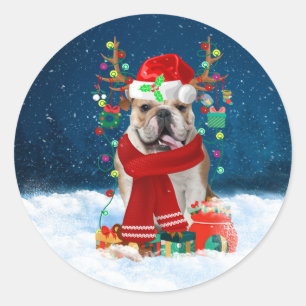 English Bulldog in Snow mit Weihnachtsgeschenken Runder Aufkleber