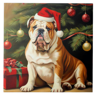 English Bulldog in Weihnachtsmannmütze, Fliese