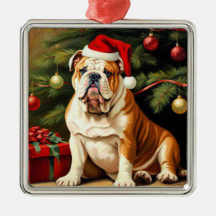 English Bulldog in Weihnachtsmannmütze, Ornament Aus Metall