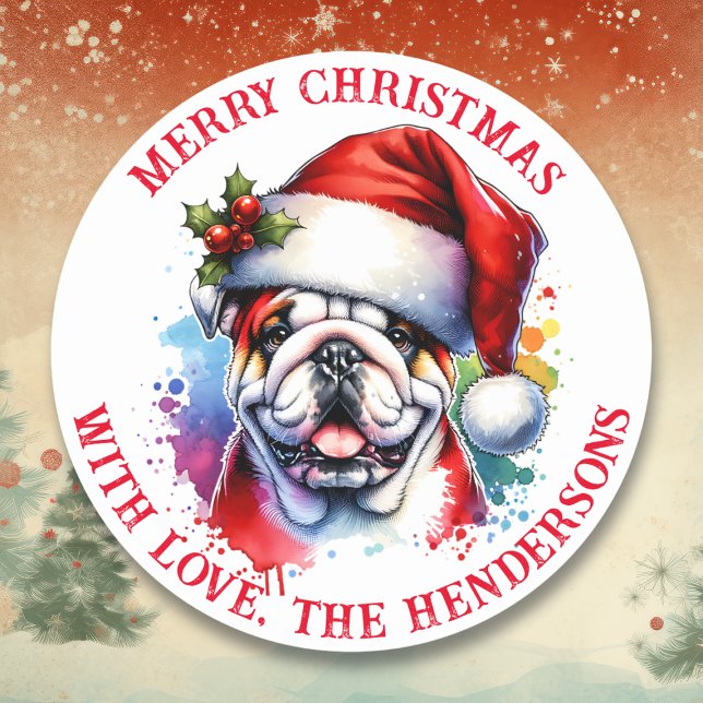 English Bulldog in Weihnachtsmannmütze Personalisi Runder Aufkleber (Von Creator hochgeladen)