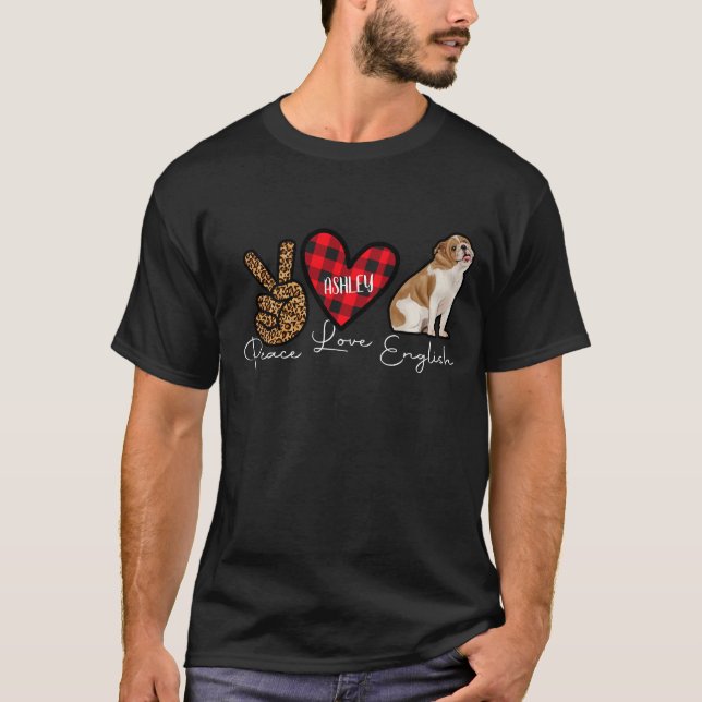 English Bulldog Kariert Peace Liebe Niedlich Dog T-Shirt (Vorderseite)